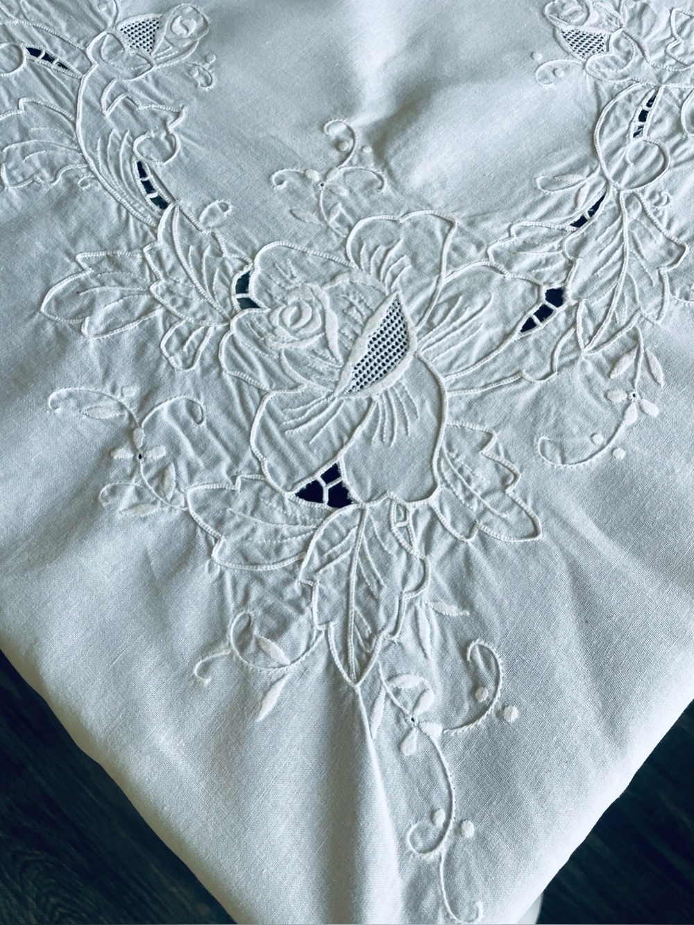 Vintage Madeira Tablecloth w Embroidery & Crocheted Accent White Cotton 64x82
